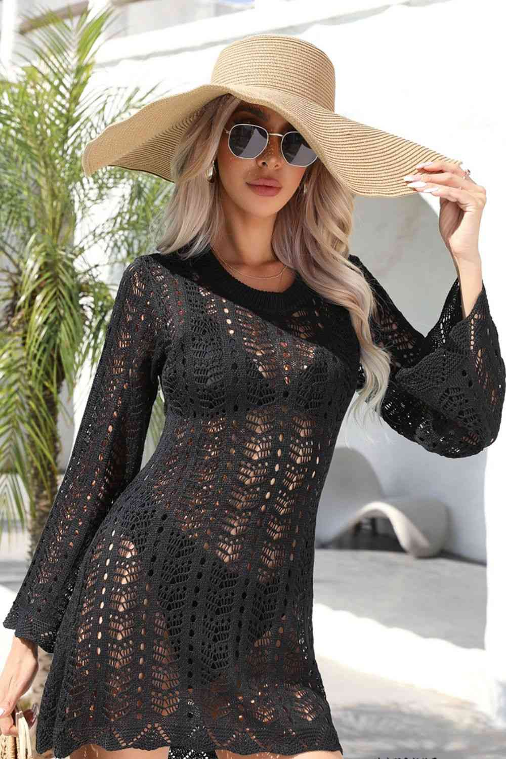 Raya Openwork Scalloped Trim Long Sleeve Cover-Up Dress