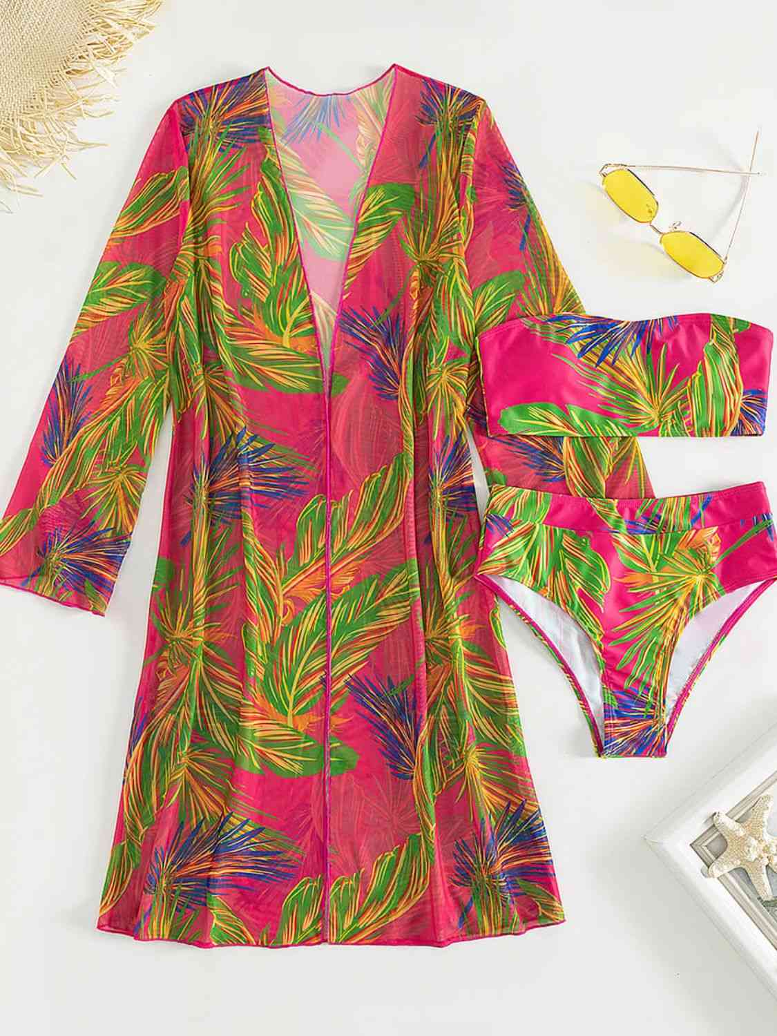 Cabo Botanical Print Tube Top, Swim Bottoms, and Cover Up Set