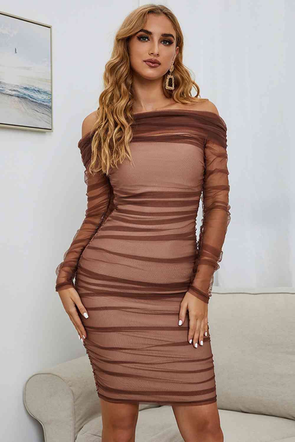 Fatima Off-Shoulder Ruched Long Sleeve Tulle Dress