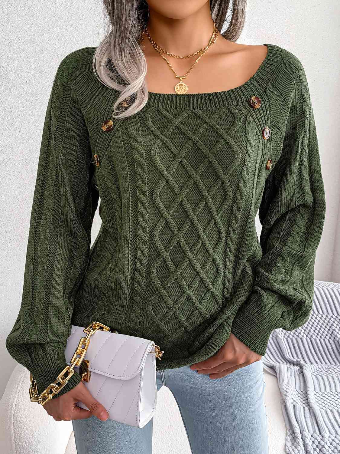 Decorative Button Cable-Knit Sweater