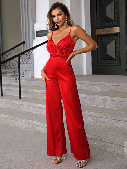 Ruby Radiance Wide Leg Spaghetti Strap Jumpsuit