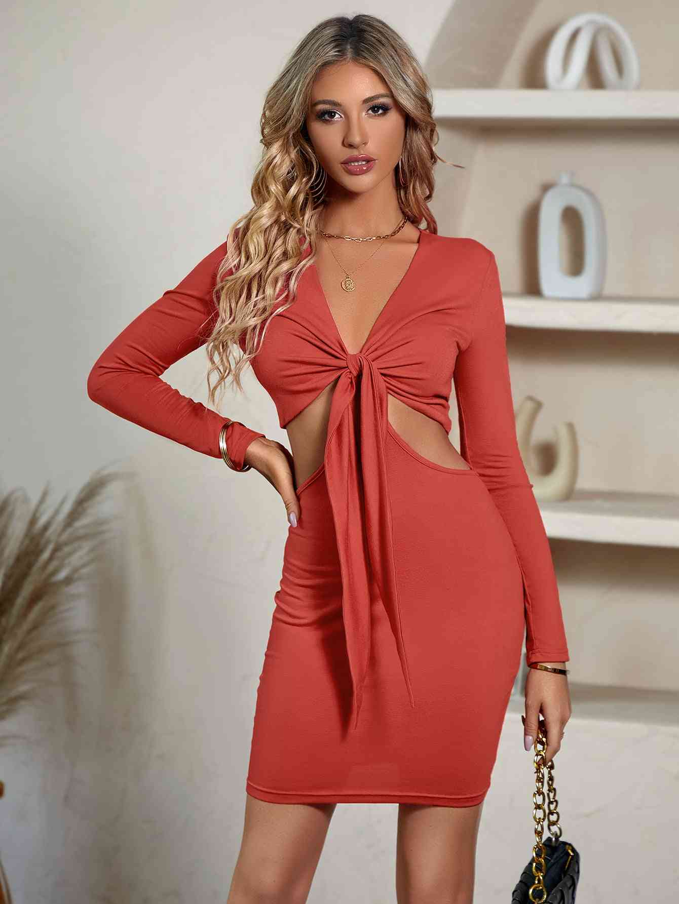 Eva Cutout Twisted Front Plunge Neck Mini Dress