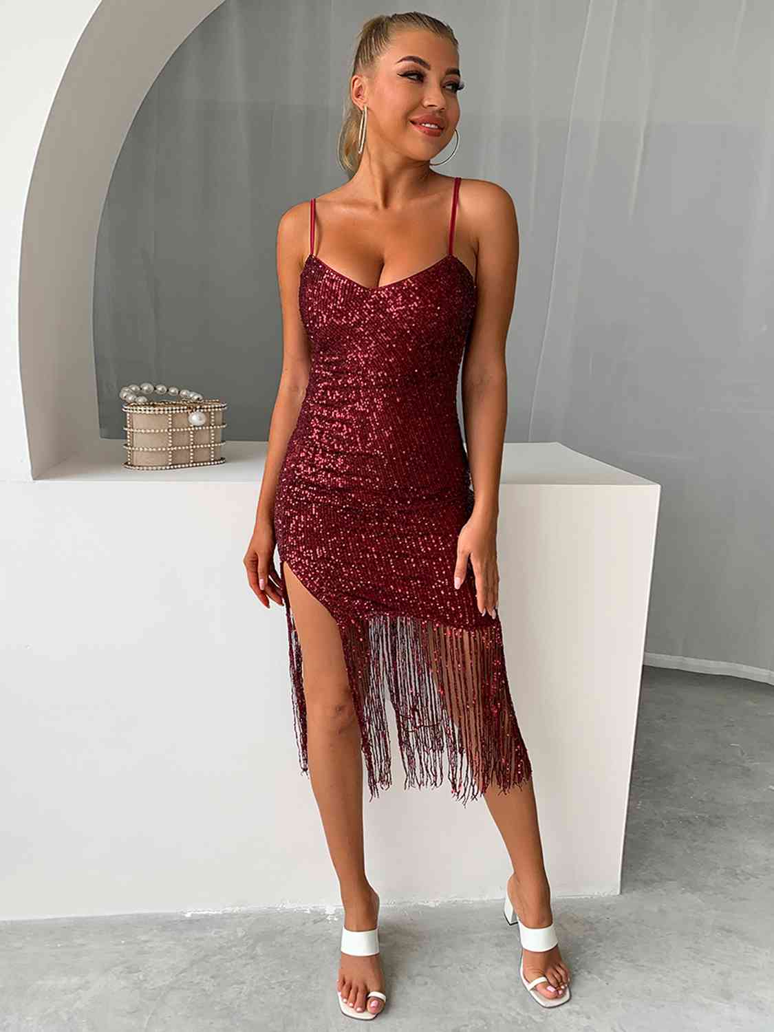 Capri Sequin Fringe Spaghetti Strap Dress