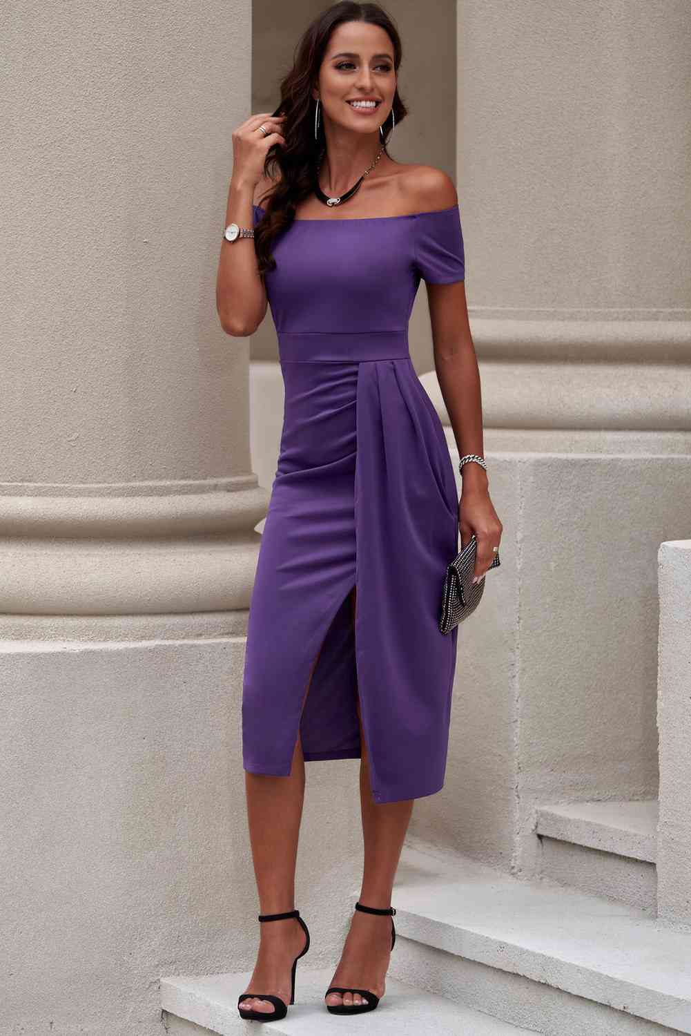 Jana Off-Shoulder Short Sleeve Split Dress