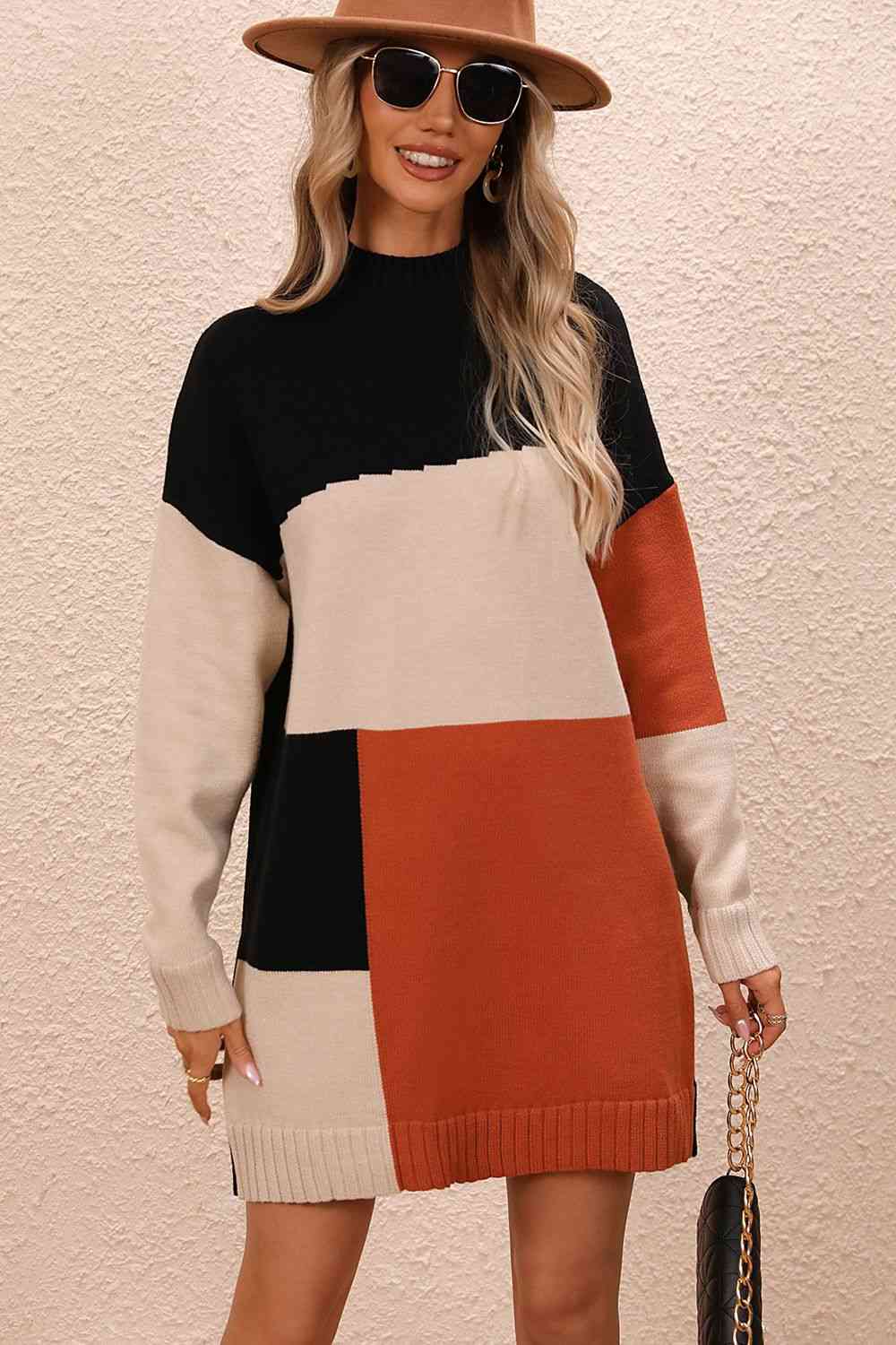 Meg Color Block Mock Neck Dropped Shoulder Sweater Dress