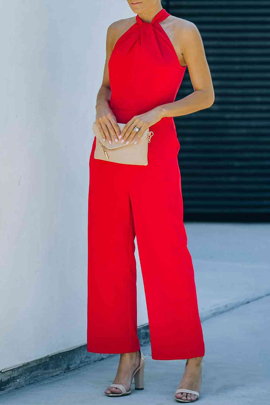 Athena Twisted Grecian Neck Wide Leg Jumpsuit