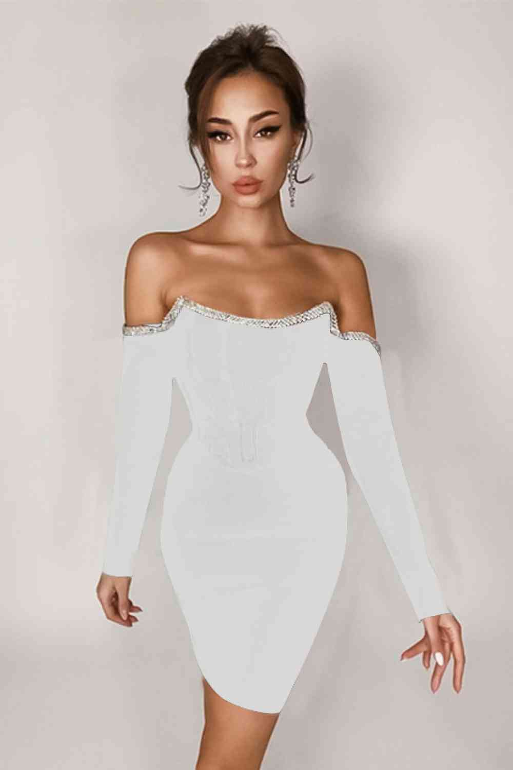 Allie Rhinestone Trim Off-Shoulder Bandage Dress