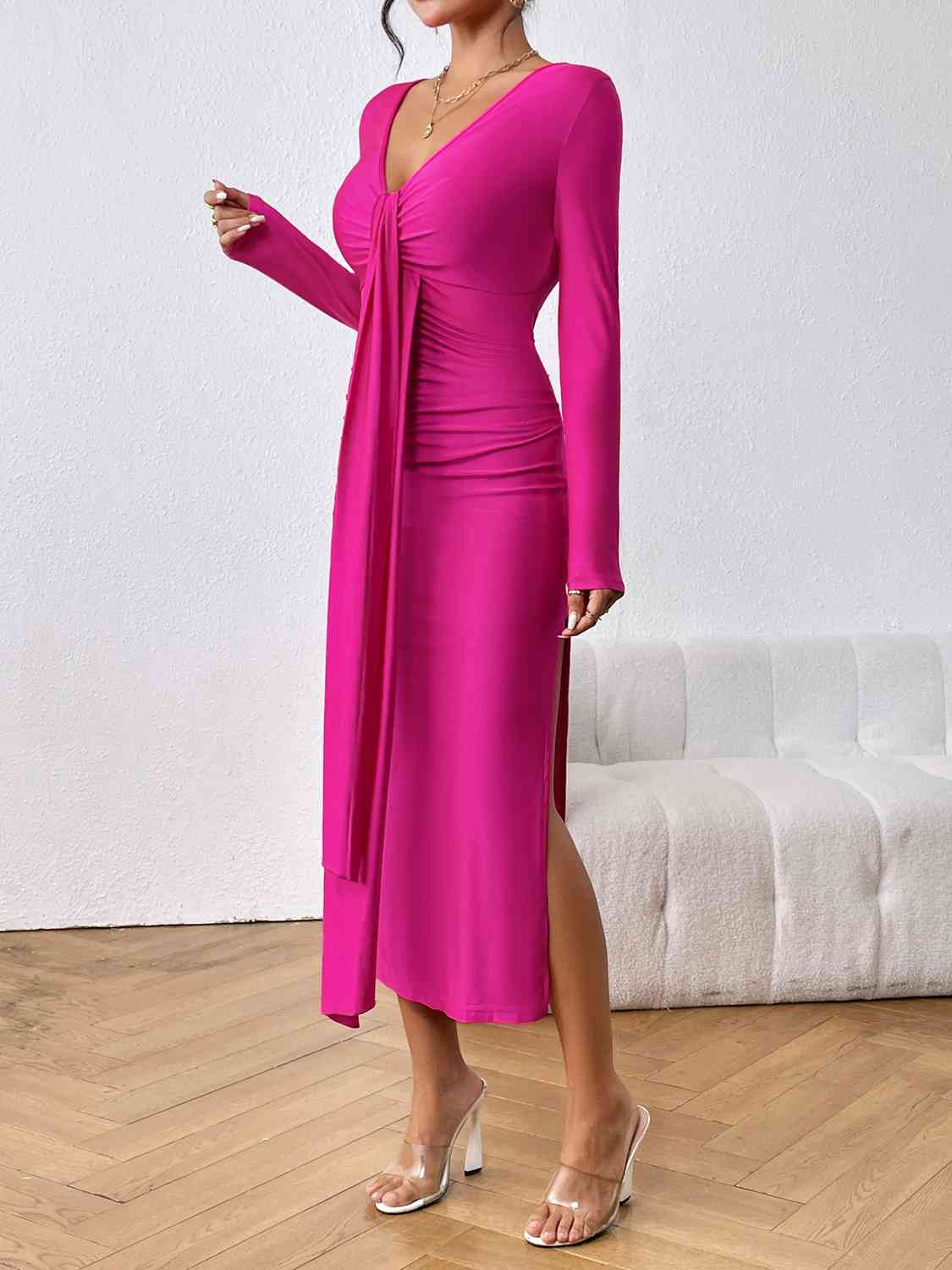 Amina Long Sleeve Ruched Split Dress