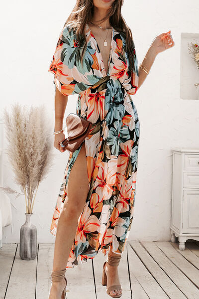 Amber Plunge Split Printed Short Sleeve Dress