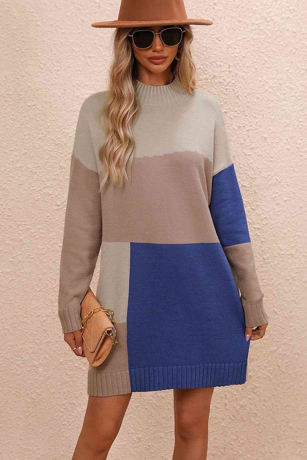 Meg Color Block Mock Neck Dropped Shoulder Sweater Dress