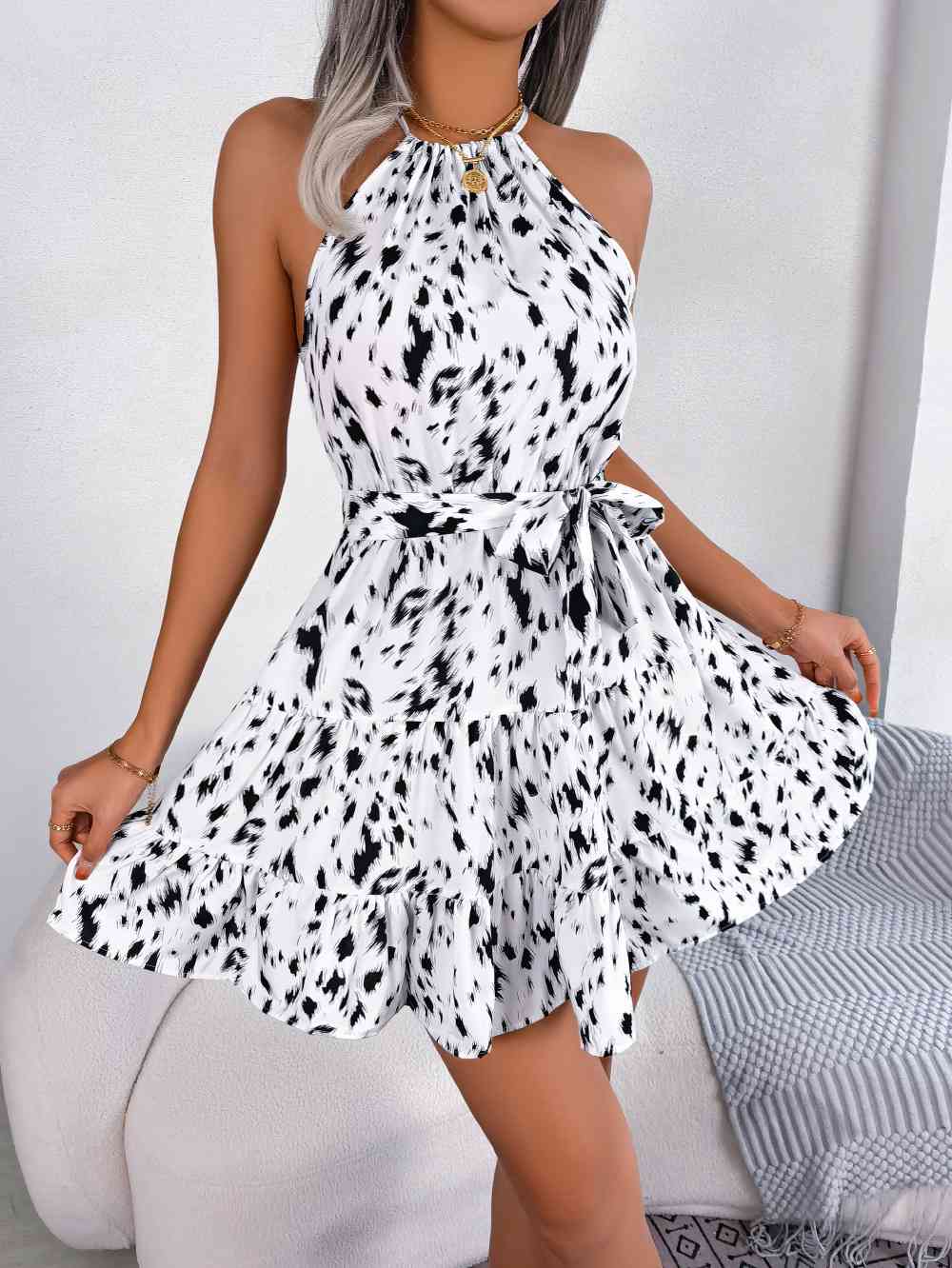 Stevie Halter Neck Printed Tie Waist Sleeveless Mini Dress