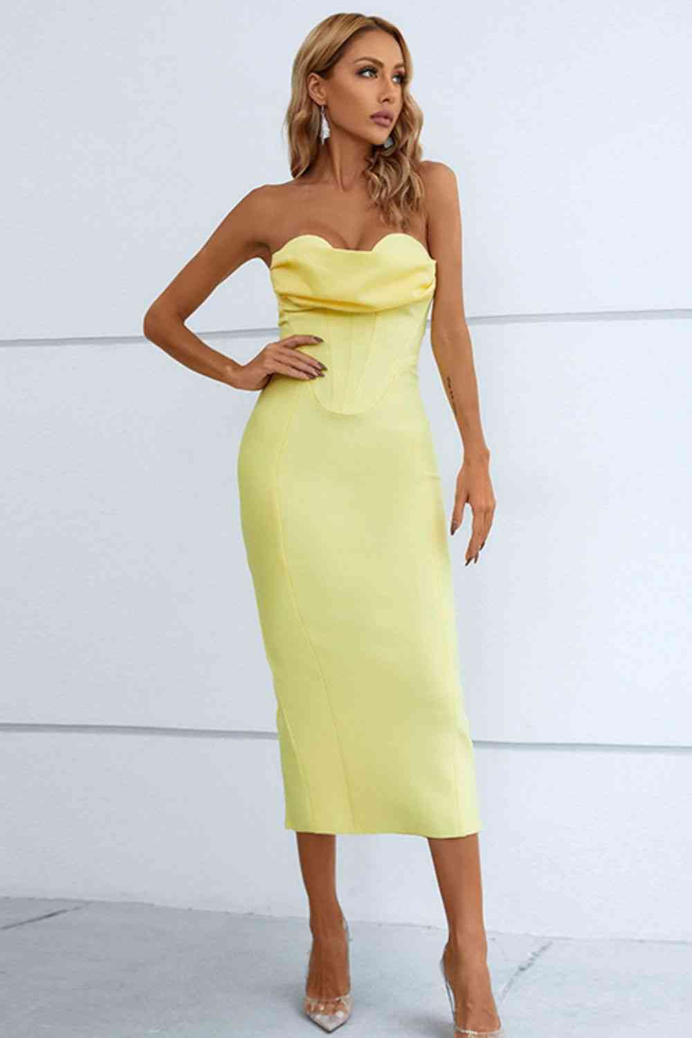 Abbie Seam Detail Strapless Sweetheart Neck Dress