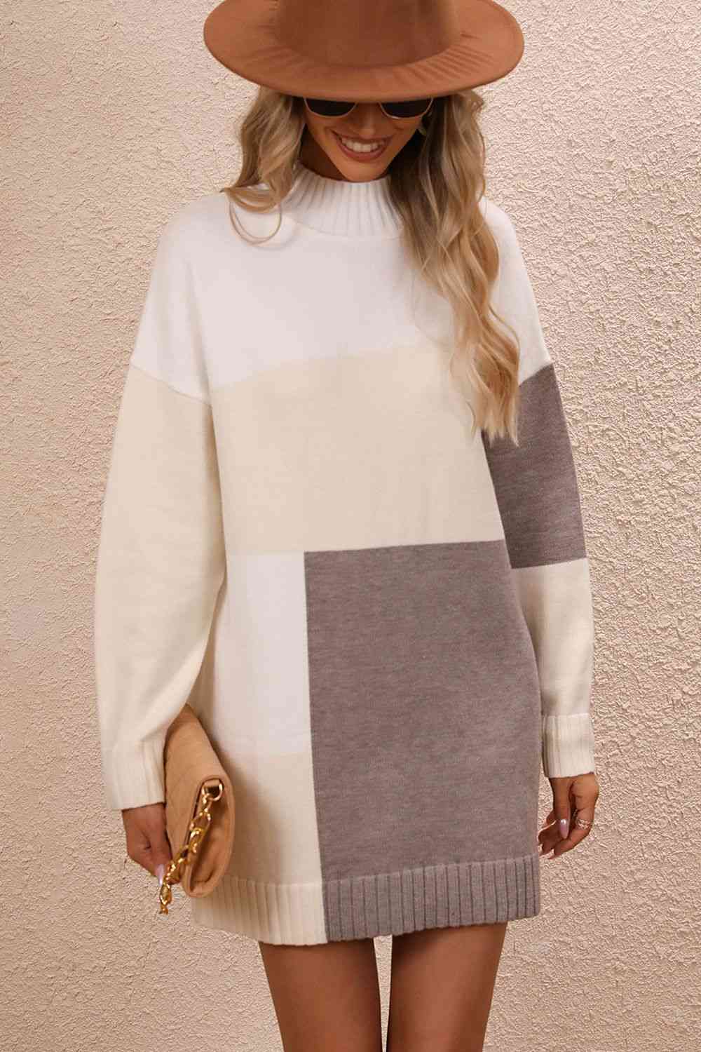 Meg Color Block Mock Neck Dropped Shoulder Sweater Dress