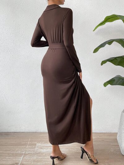 Paola Tied Slit Long Sleeve Wrap Dress