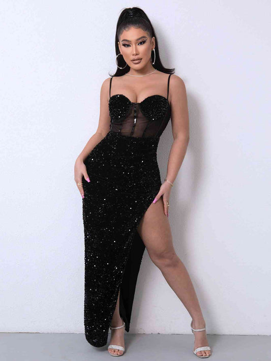 June Sequin Spliced Mesh Adjustable Strap Dress