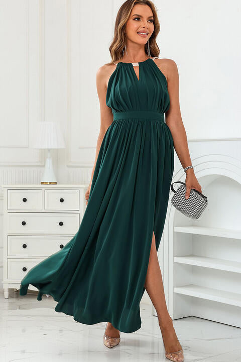 Autumn Cutout Ruched Slit Sleeveless Dress