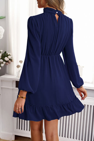 Blakely Frill Ruched Mock Neck Balloon Sleeve Dress