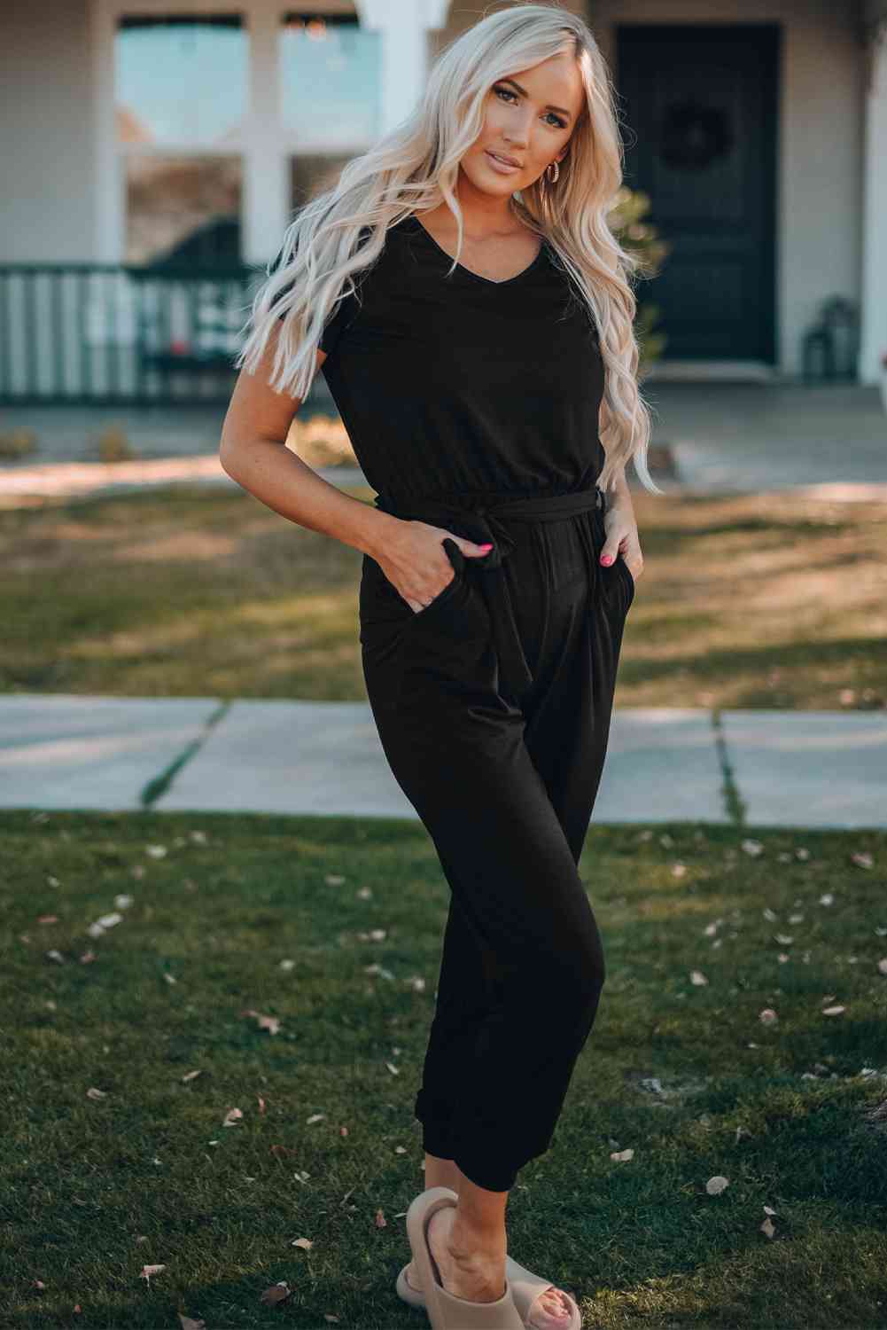 Aurora Belted V-Neck Jogger Jumpsuit