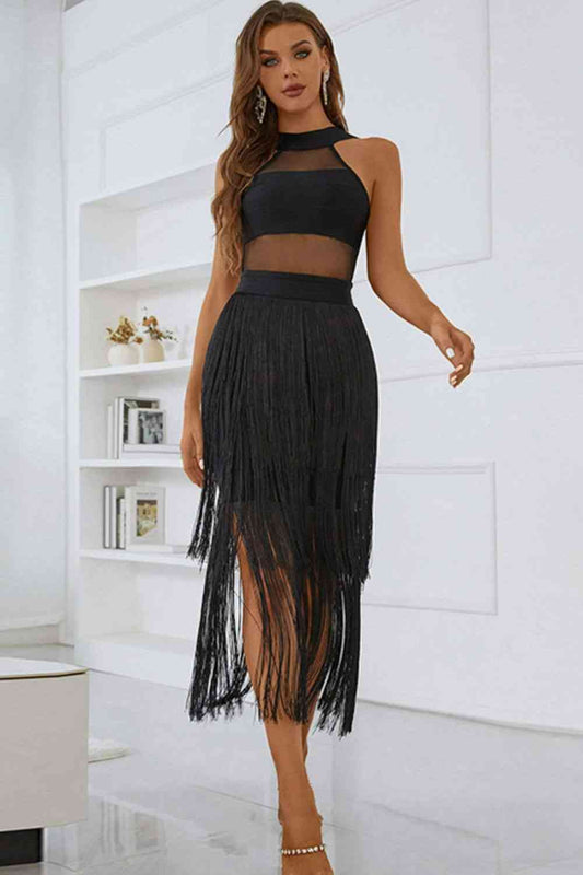 Jianna Spliced Mesh Fringe Hem Sleeveless Dress