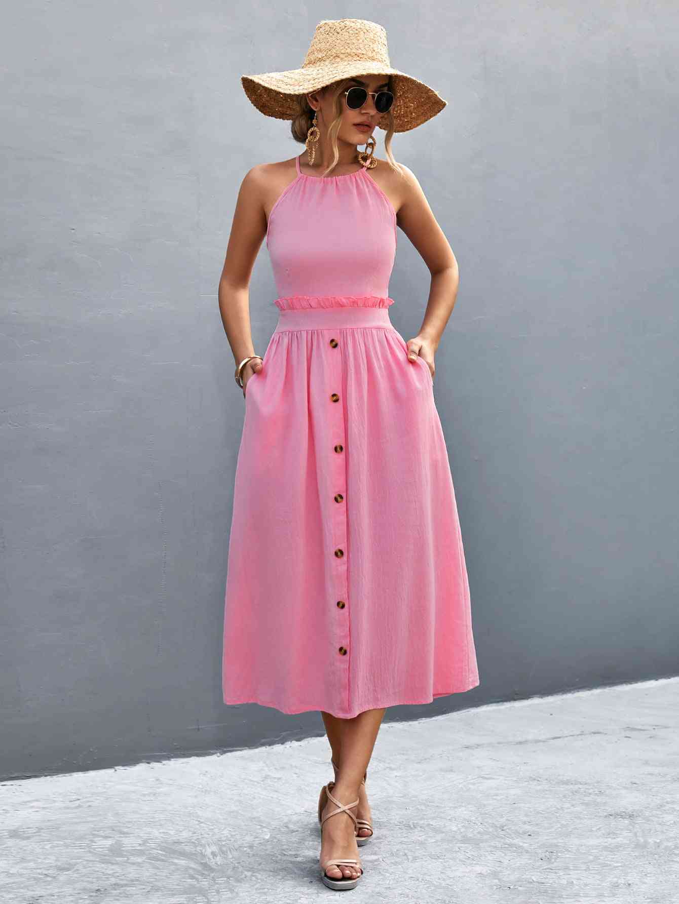 Grace Buttoned Halter Neck Frill Trim Midi Dress