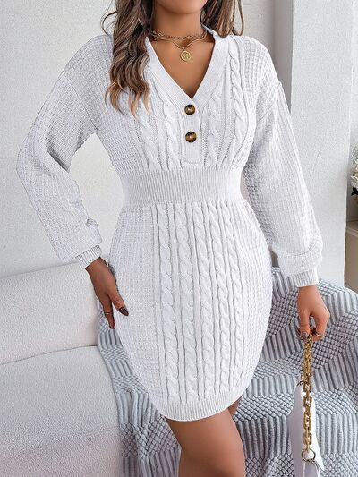 Harper Buttoned Cable-Knit V-Neck Sweater Dress