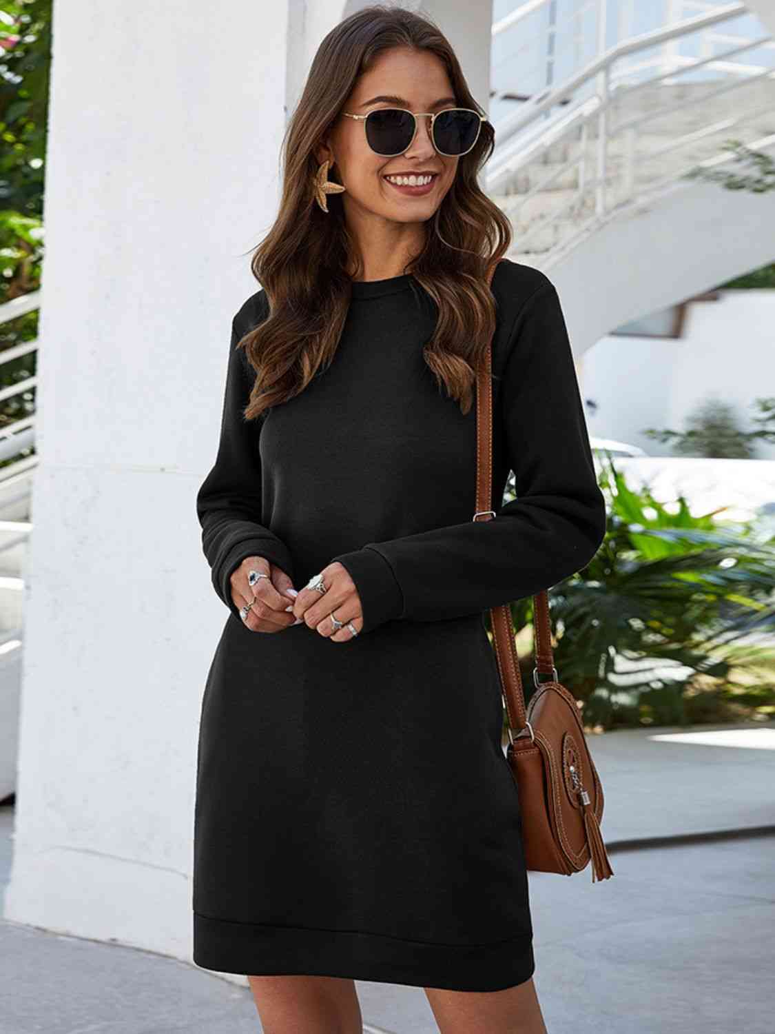 Imani Round Neck Long Sleeve Mini Dress with Pockets