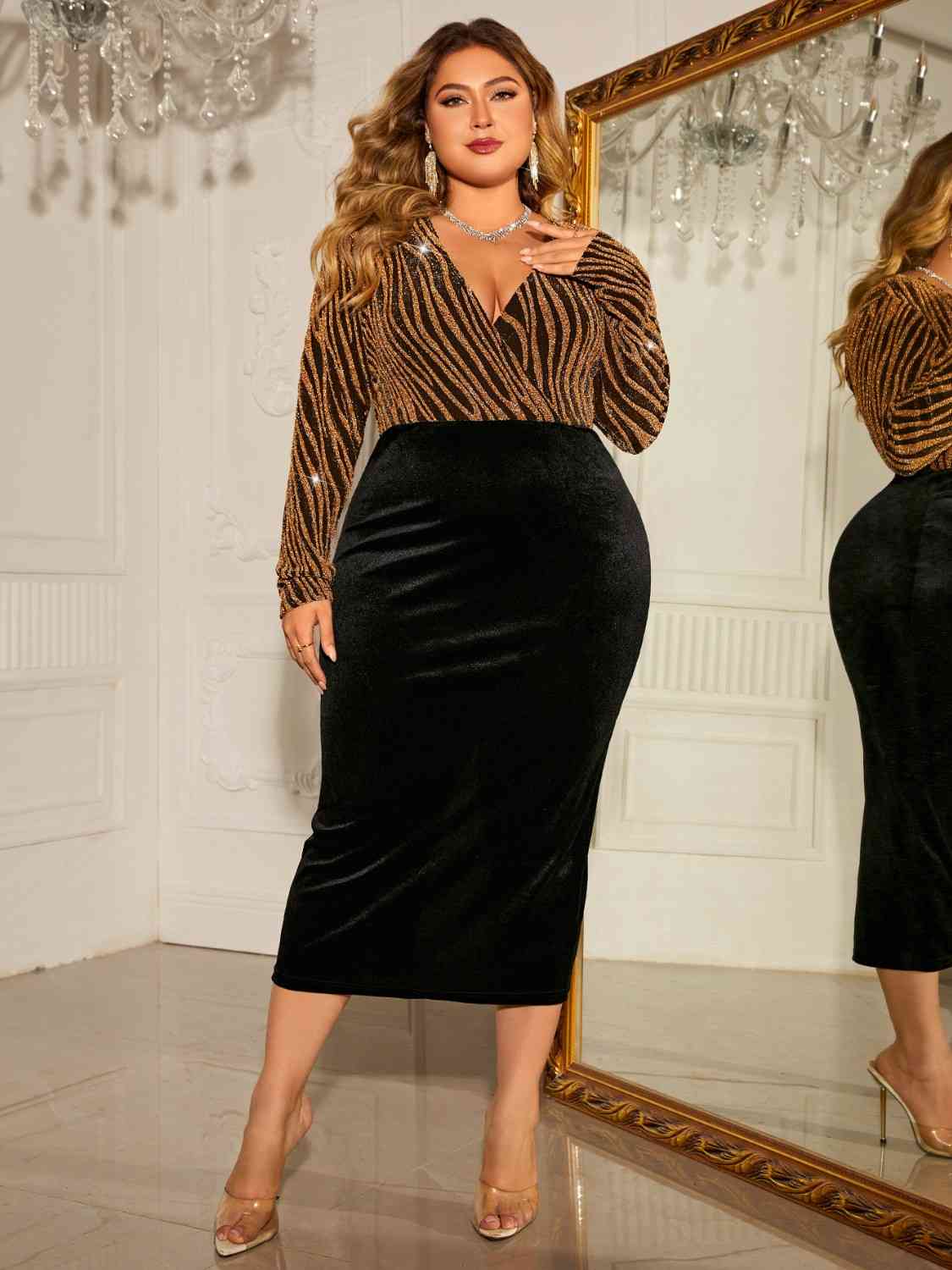 Nadia Plus Size Surplice Neck Long Sleeve Slit Dress