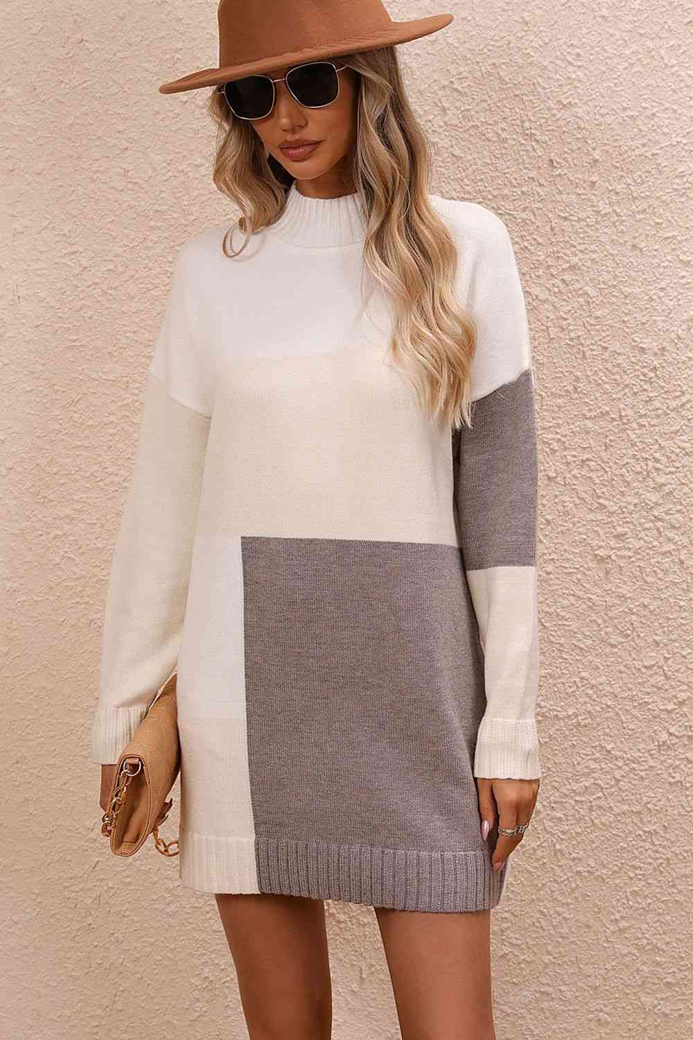 Meg Color Block Mock Neck Dropped Shoulder Sweater Dress