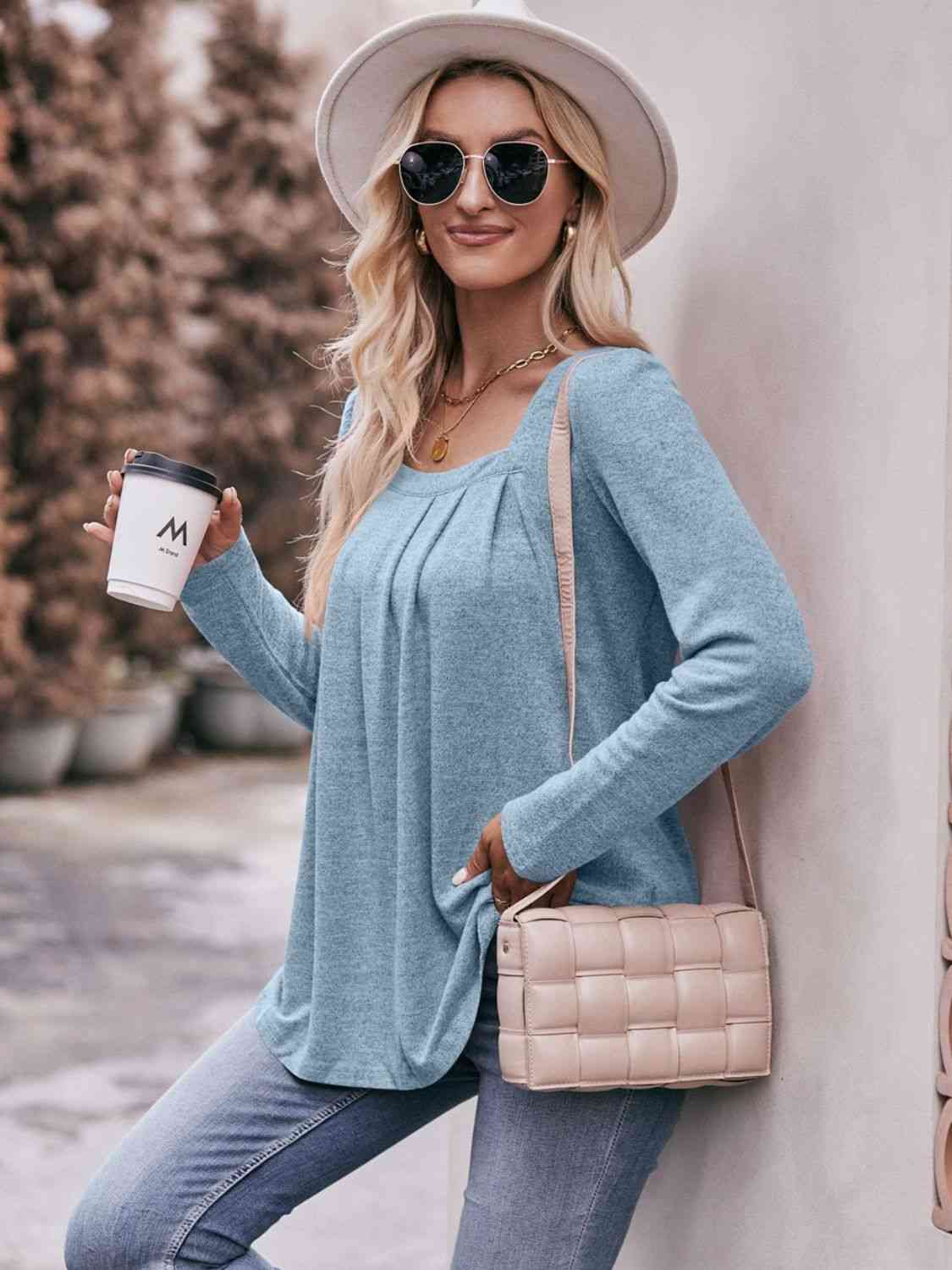 Double Take Pleated Detail Curved Hem Long Sleeve Top